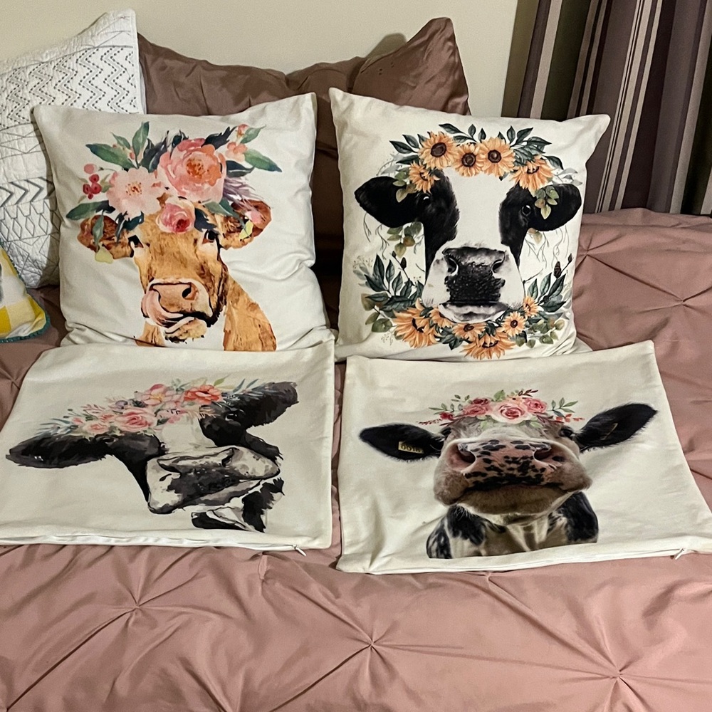 Set of 4 Floral Cow Print Pillow Covers